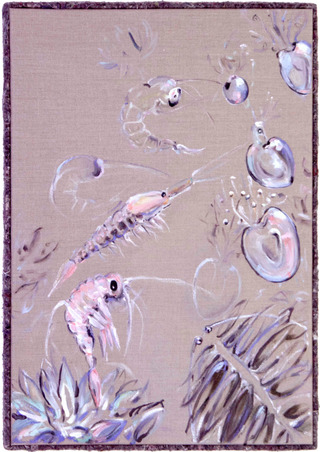 Proactive-plankton, 2018, 90 x 60 x 8 cm, oil-pastel, oil, textile on canvas, wood frame with textile
