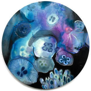 Jelly-blooms, 2018, 40 x 40 cm, bleach, dye, acrylic, oil-pastel, yarn on cotton